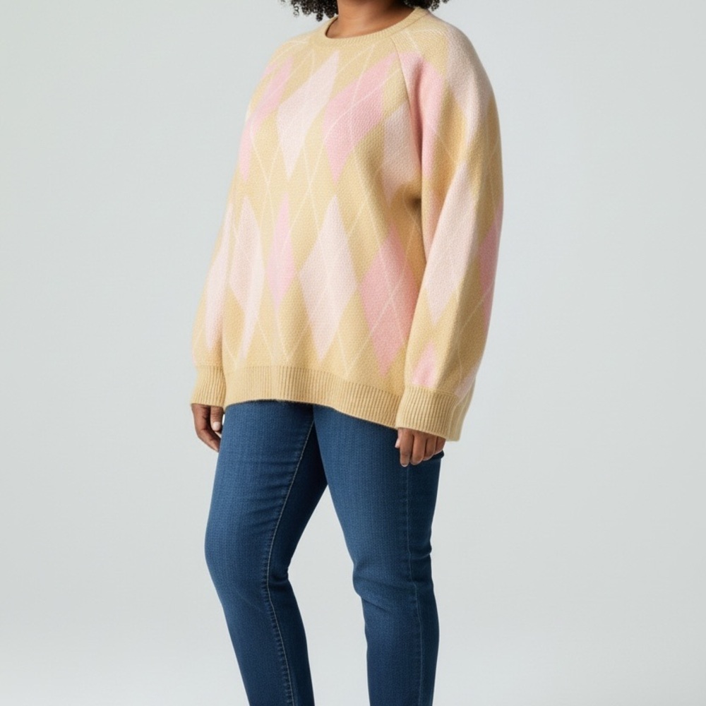 Crown & Ivy Pink/Blush & Tan Argyle Sweater 3X